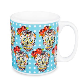 Caneca de Porcelana 320 ml decoração faixa- Caveira Bolinha Azul