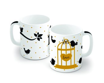 Caneca de Porcelana 320 ml decoração faixa- Gaiola e Passarinho