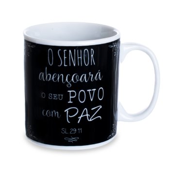 Caneca de Porcelana 320 ml decoração faixa- O Senhor abençoará seu povo com Paz.