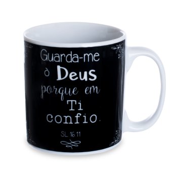 Caneca de Porcelana 320 ml decoração faixa- Guarda-me o Deus, porque em ti confio.