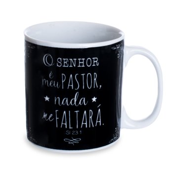 Caneca de Porcelana 320 ml decoração faixa- O Senhor é meu pastor, nada faltará.