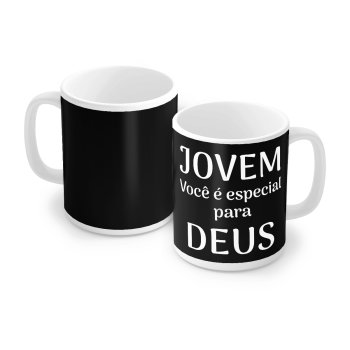 Caneca de Porcelana 320 ml decoração faixa- Jovem você é especial para Deus.