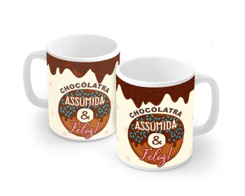 Caneca de Porcelana 320 ml decoração faixa- Páscoa - Chocólatra assumida e feliz! P 01