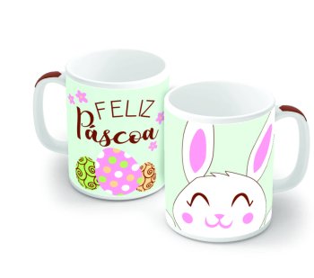 Caneca de Porcelana 320 ml decoração faixa- Páscoa feliz. P 05