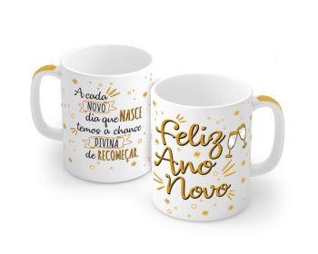 Caneca de Porcelana 320 ml decoração faixa - Feliz ano novo.