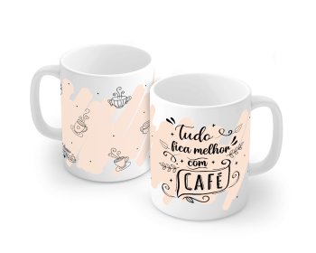 Caneca de Porcelana 120 ml, decoração faixa- Tudo fica melhor com café.