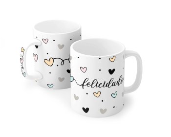 Caneca de Porcelana 120 ml, decoração faixa- Felicidade.