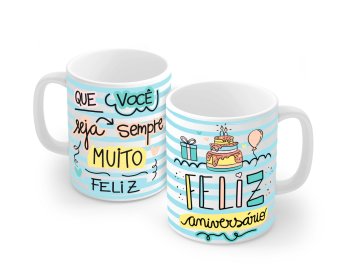 Caneca de Porcelana 320 ml decoração faixa- Feliz Aniversário