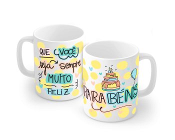 Caneca de Porcelana 320 ml decoração faixa- Parabéns