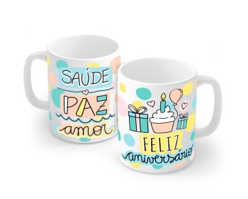 Caneca de Porcelana 320 ml decoração faixa- Feliz Aniversário