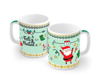 Caneca de Porcelana 320 ml decoração faixa- Feliz Natal.