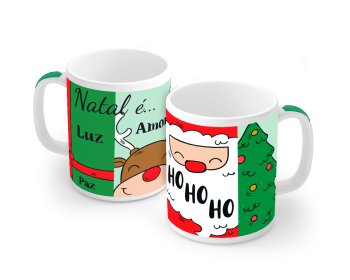 Caneca de Porcelana 320 ml decoração faixa- Natal é... Luz, Amor, Paz... Ho ho ho.