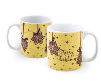 Caneca de Porcelana 320 ml decoração faixa- Natal é... Luz, Amor, Paz... Ho ho ho.