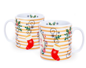 Caneca de Porcelana 320 ml decoração faixa- Natal.