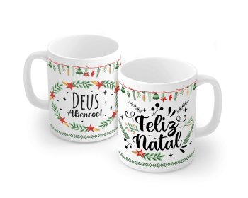 Caneca de Porcelana 320 ml decoração faixa- Feliz Natal, Deus abençõe!