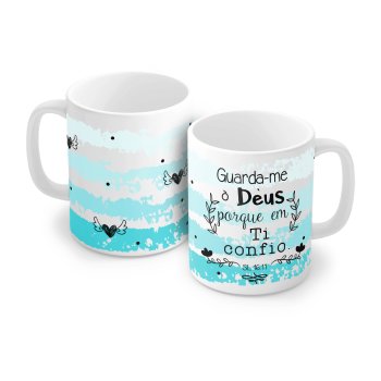 Caneca de Porcelana 320 ml decoração faixa 7035 -Guarda-me o Deus porque em Ti confio.