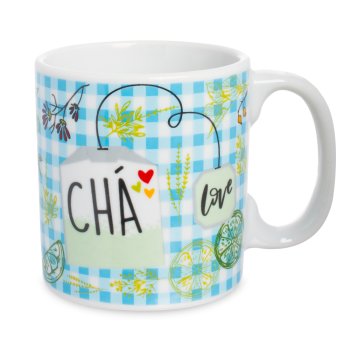 Caneca de Porcelana 320 ml decoração faixa- Love Chá Xadrez