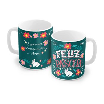 Caneca de Porcelana 320 ml decoração faixa- Esperança Renascimento Amor, Feliz Páscoa P8