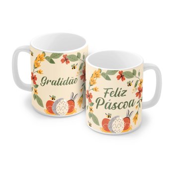 Caneca de Porcelana 320 ml decoração faixa- Gratidão, Feliz Páscoa