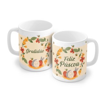 Caneca de Porcelana 320 ml decoração faixa- Gratidão, Feliz Páscoa P9