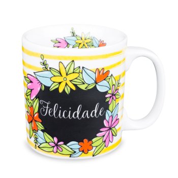 Caneca de Porcelana 320 ml decoração faixa- Felicidade