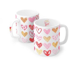 Caneca de Porcelana 320 ml decoração faixa- Corações Rosa e Dourado