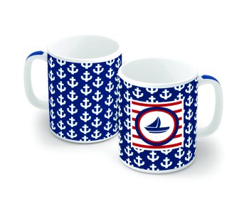 Caneca de Porcelana 320 ml decoração faixa- Náutica Âncora Azul